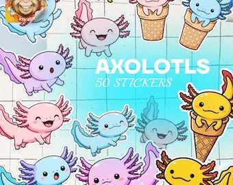 Kawaii Axolotl Sticker Pack – 50 Waterproof Vinyl Stickers