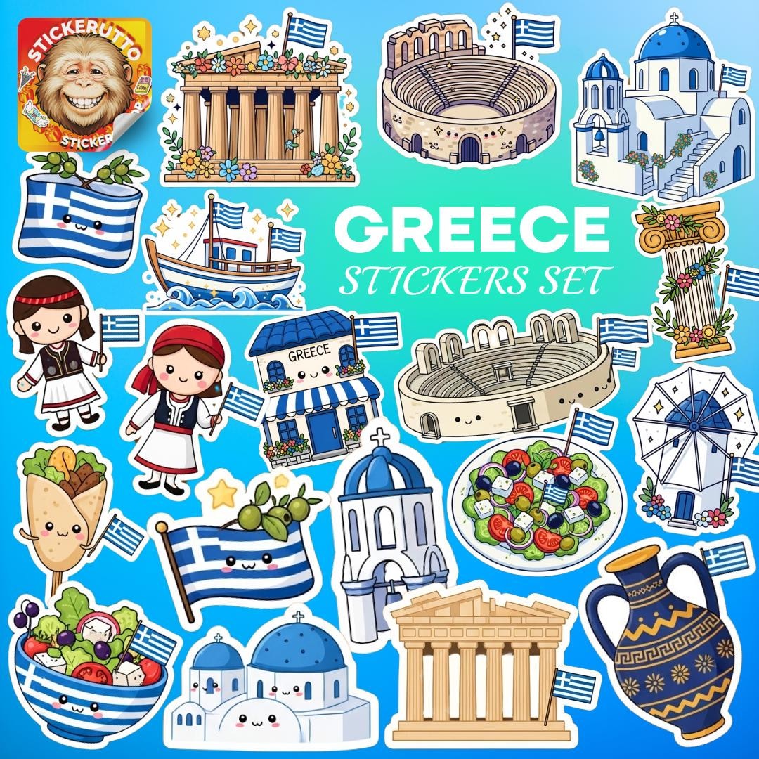 Greece Sticker Set: Santorini, Parthenon, Greek Food - Waterproof Vinyl ...