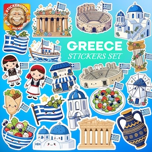 Greece Sticker Set: Santorini, Parthenon, Greek Food - Waterproof Vinyl or Holographic