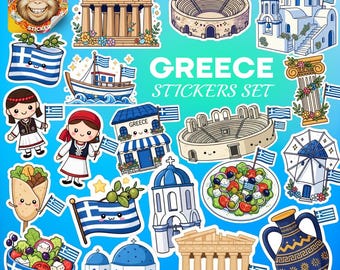 Greece Sticker Set: Santorini, Parthenon, Greek Food - Waterproof Vinyl or Holographic