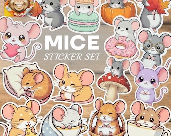Kawaii Mice Sticker Set: Autumn Stamp Decals, Scrapbooking