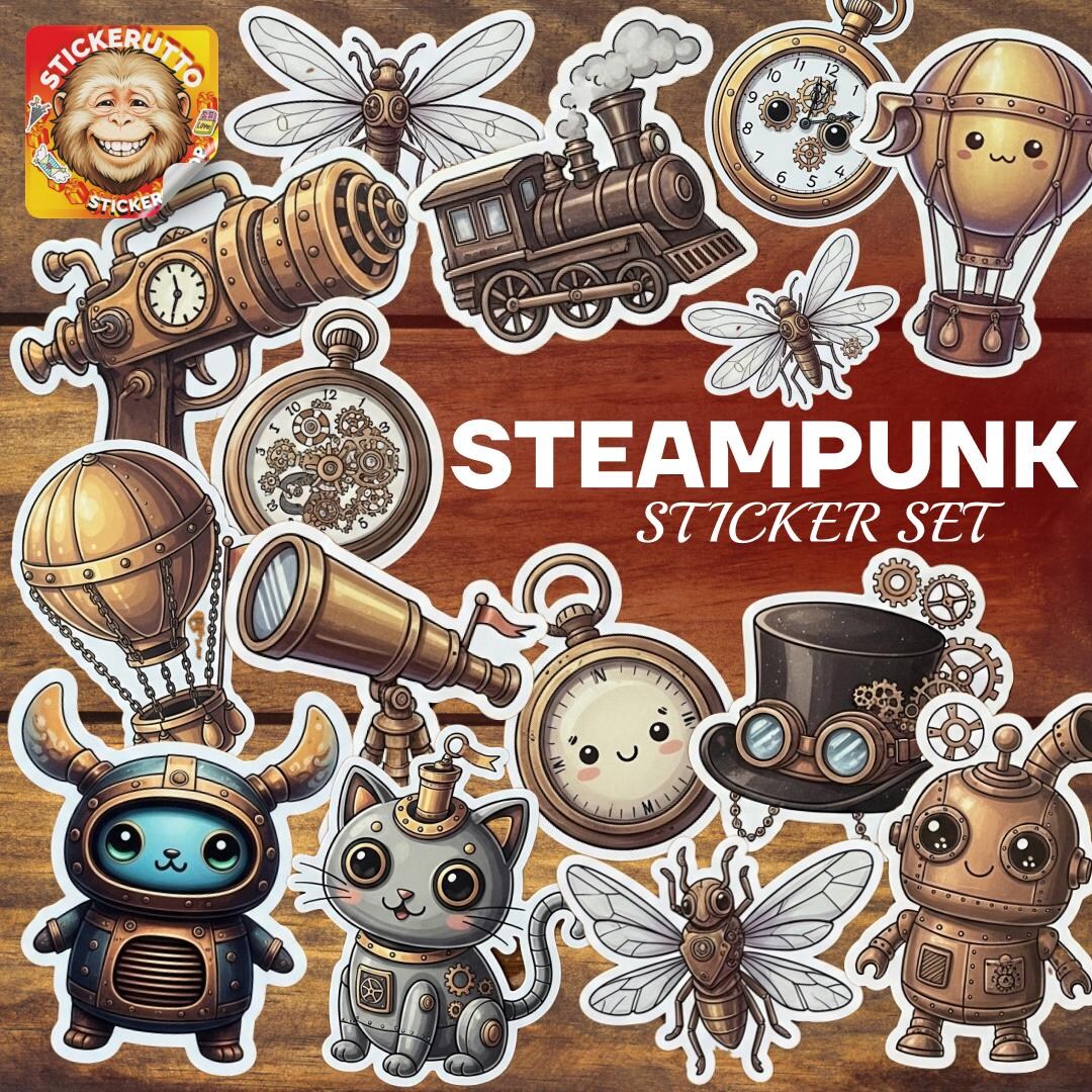 Sticker Steam Out Steampunk Sticker Set – Vintage Gears, Hot Air Balloon & Robot - Vinyl ...