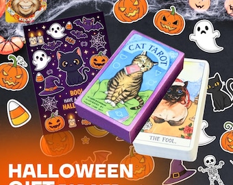 Kattentarotkaartenset: Halloweenstickers en gepersonaliseerde kaart - Witchy-cadeau