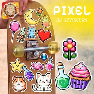 Pixel Sticker Pack – 50 Retro Gaming Vinyl Stickers, Pixel Art Cat, Heart, Potion, Cute 8-Bit- Laptop Stickers, Skateboard Decals