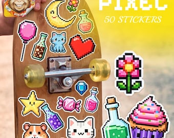 Retro Gaming Pixel Sticker Pack – 50 Vinyl Stickers with Pixel Cats and Hearts