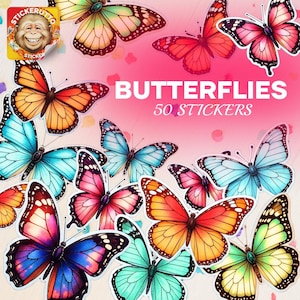 50 Butterfly Stickers - Aesthetic Vinyl Decals for Laptop, Water Bottle & Scrapbook | Cute Pastel, Colorful Butterfly Sticker Pack