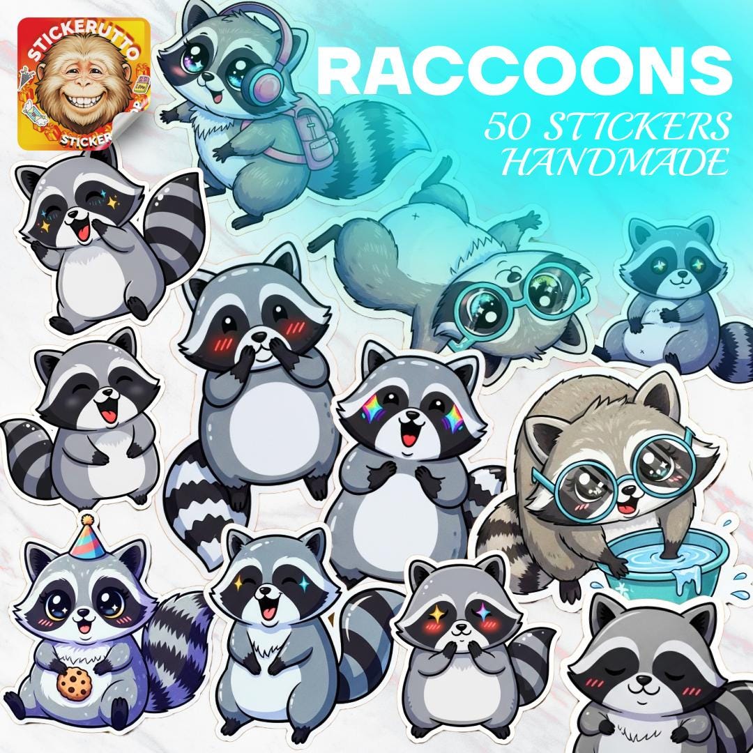 Kawaii Raccoon Stickers - 50pcs Glossy or Holographic Vinyl Decals - Etsy