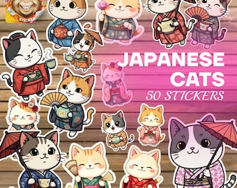 Kawaii Japanese Cat Stickers: Kimono Cats, Waterproof Vinyl (50-Piece Set