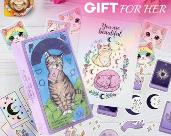 Cadeauset voor tarotkaarten voor katten: holografische stickers en gepersonaliseerde kaart