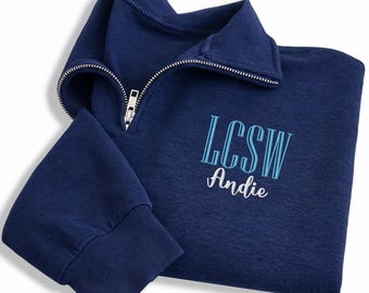 Custom Credential Embroidered Quarter Zip Sweatshirt, Personalized Therapist Name Pullover, Behavior Analyst Healthcare Sweater Gift