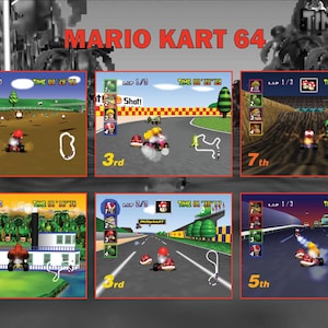 May include: A screenshot from the video game "Mario Kart 64" featuring six different racing scenes. Each scene shows characters racing on various tracks, with the game's title and time displayed.