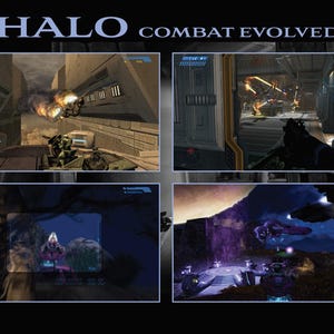 Könnte beinhalten: Werbebild für das Videospiel "Halo: Combat Evolved". Das Bild ist in vier Abschnitte unterteilt, die Spielszenen mit futuristischen Umgebungen, Explosionen und Kämpfen zeigen. Der Titel des Spiels wird oben angezeigt.