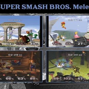 May include: A composite image featuring four screenshots from the video game "Super Smash Bros. Melee." Each screen displays different characters in action, with health percentages and timers visible. The game's title is displayed at the top.