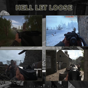 May include: A collage of four screenshots from the video game "Hell Let Loose." The top left shows a green outdoor scene. The top right shows a snowy landscape. The bottom two show combat scenes with buildings and soldiers.