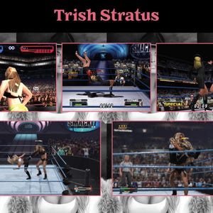 Può includere: Uno schermo di videogioco che mostra un match di wrestling tra due lottatrici. Il gioco è SmackDown! Here Comes the Pain. Le lottatrici sono Trish Stratus e un'altra lottatrice. Il gioco si svolge in un ring di wrestling con un tappeto blu e corde. Il gioco viene giocato su uno schermo televisivo. Il gioco si svolge in un'arena di wrestling con una folla di persone sullo sfondo.