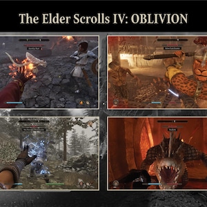 May include: A promotional image for The Elder Scrolls IV: Oblivion video game. The image is divided into four sections, each showcasing gameplay. The top left shows a character casting a fire spell. The top right shows a character in battle. The bottom left shows a character casting a lightning spell. The bottom right shows a monster.