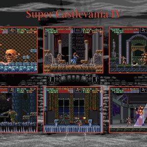 以下が含まれることがあります： スーパーキャッスルヴァニアIVのビデオゲームのスクリーンショット。画像は6つの小さな画面に分割され、それぞれが異なるレベルを示しています。ゲームのタイトルは赤で上部に表示されています。ゲームはピクセル化されたグラフィックとゴシックホラーのテーマが特徴です。