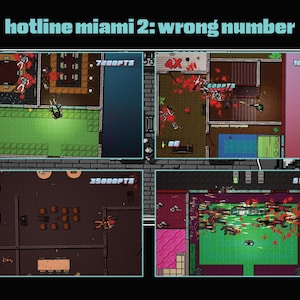 Puede incluir: Imagen pixelada del videojuego "Hotline Miami 2: Wrong Number". La imagen está dividida en cuatro secciones, cada una mostrando una vista superior de un nivel con personajes pixelados y salpicaduras de sangre. El título del juego está en la parte superior.