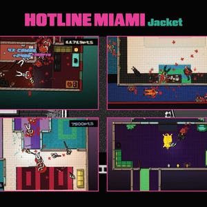 May include: A graphic design with four top-down room views, pixelated characters, and blood splatters. The text "HOTLINE MIAMI Jacket" is at the top. The image has a retro video game aesthetic.