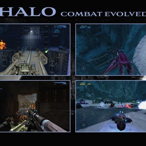 Könnte beinhalten: Ein Werbebild für das Videospiel "Halo: Combat Evolved". Das Bild ist in vier Abschnitte unterteilt, die jeweils Spielszenen zeigen. Oben links ist eine Explosion zu sehen, während die anderen Actionsequenzen mit Fahrzeugen und Charakteren zeigen.