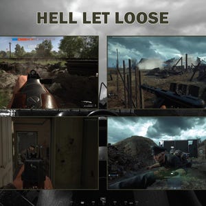 May include: A composite image showcasing gameplay from "Hell Let Loose." The scenes depict intense combat scenarios with weapons and war-torn environments. The game's title is displayed at the top. The scenes show a first-person perspective of the game.