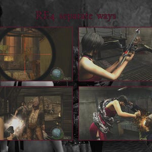 May include: A composite image from the video game Resident Evil 4: Separate Ways. The image is divided into four sections, each depicting a scene with a character in a red dress. The top left shows a scope view, while the others show action scenes.