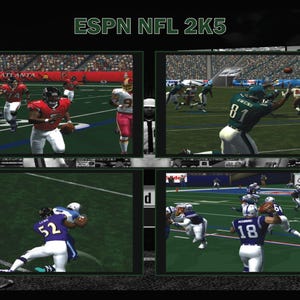 May include: ESPN NFL 2K5 video game screen captures. Four separate screens show football game action with players in various uniforms. The game's title is in green text at the top. The background is a dark gray.