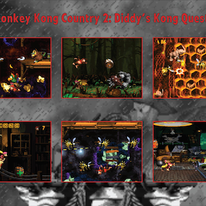 Puede incluir: Un collage de seis capturas de pantalla del videojuego "Donkey Kong Country 2: Diddy's Kong Quest". Las capturas de pantalla, enmarcadas en rojo, muestran varias escenas del juego, incluyendo entornos de jungla y elementos de juego.
