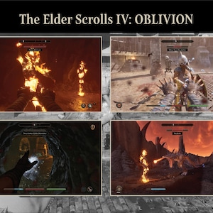 May include: A promotional image for "The Elder Scrolls IV: OBLIVION" video game. The image is divided into four sections, each showcasing gameplay scenes. The scenes depict fiery environments, combat, and magical effects, with a dark, fantasy theme.