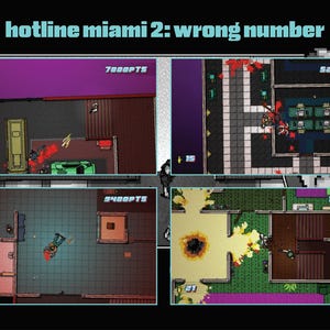 Pode incluir: Uma captura de tela do videogame "Hotline Miami 2: Wrong Number" com vistas de cima de vários níveis do jogo. A imagem inclui texto como "[RMB] TO SKIP" e exibições de pontuação como "7800PTS" e "52600PTS".
