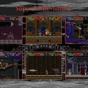 以下が含まれることがあります： ビデオゲーム「スーパーキャッスルヴァニアIV」のスクリーンショット。画像は6つの小さな画面に分割され、それぞれゲームの異なるレベルが表示されています。ゲームは、ピクセル化されたグラフィックと暗い色使いのゴシック様式です。