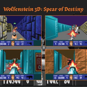 May include: A screenshot from the video game "Wolfenstein 3D: Spear of Destiny" is displayed, featuring four in-game scenes. The game's title is at the top. Each scene shows a first-person perspective with health, ammo, and score indicators.
