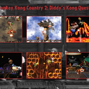 Puede incluir: Una captura de pantalla del videojuego "Donkey Kong Country 2: Diddy's Kong Quest" que muestra seis escenas diferentes. El título del juego se muestra en la parte superior. Las escenas muestran diversos entornos y personajes, con colores vibrantes y gráficos detallados.