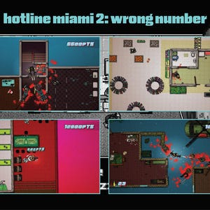 Puede incluir: Una captura de pantalla del videojuego "Hotline Miami 2: Wrong Number". La imagen está dividida en cuatro secciones, cada una mostrando una vista superior de un nivel con gráficos pixelados. El texto incluye "Hotline Miami 2: Wrong Number" y "[RMB] TO SKIP".