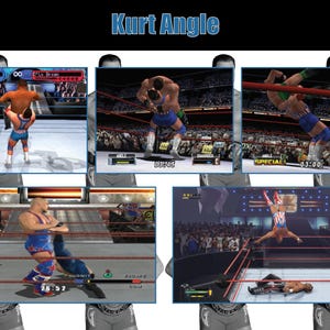 Puede incluir: Una captura de pantalla de un videojuego que muestra una lucha de lucha libre. El luchador Kurt Angle se muestra en el juego. El texto "Kurt Angle" se muestra en la parte superior de la imagen.