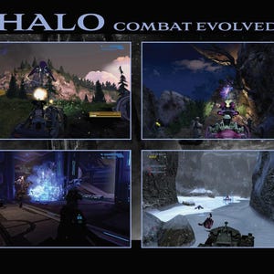 Könnte beinhalten: Ein Werbebild für das Videospiel "Halo: Combat Evolved". Das Bild ist in vier Abschnitte unterteilt, die jeweils Spielszenen mit Fahrzeugen, Charakteren und Umgebungen zeigen. Der Titel des Spiels wird oben angezeigt.