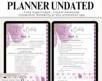 Puede incluir: Un planificador digital ADHD sin fecha mostrado en dos pantallas de tableta. El texto dice ADHD DIGITAL PLANNER UNDATED, Table of Contents, Part 1, Part 2, y enumera varios centros de planificación, rastreadores de hábitos y rutinas de bienestar con acentos florales morados.