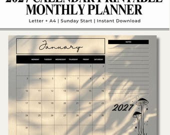 2027 Calendar Printable Monthly Planner, Mushroom Wall Calendar, Sunday Start, A4 US Letter PDF