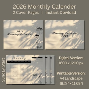 May include: A 2026 monthly calendar with two cover pages, available for instant download. The design includes a calendar layout for January, along with a digital version at 1600 x 1200 px and a printable A4 landscape version at 21 cm x 29.7 cm.