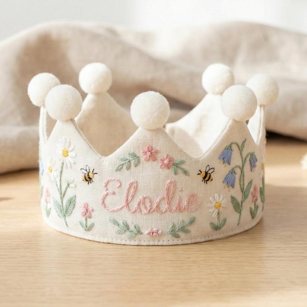 Corona de cumpleaños personalizada con diseño de abeja silvestre: corona de lino bordada a mano para bebé, corona floral con nombre, corona para el primer cumpleaños, regalo de recuerdo