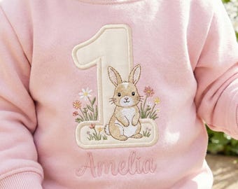 Embroidered Baby Bunny 1st Birthday Sweatshirt, Soft Linen