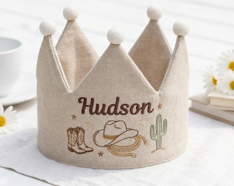 Personalized Embroidered Linen Cowboy Crown, Baby First Birthday Hat