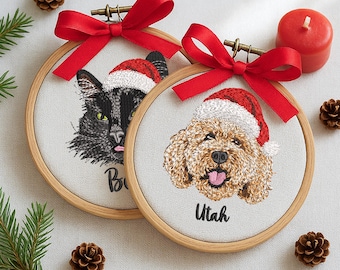 Embroidered Pet Portrait Ornament, Custom Santa Hat Christmas Gift