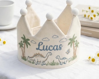 Embroidered Dinosaur Linen Crown, Personalized Name Party Hat, Boys Girls Birthday Bash