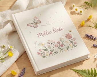 Hand Embroidered Baby Photo Album, Personalized Keepsake, Custom Cover, Floral Butterfly Design