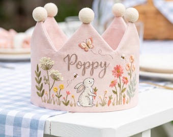 Personalized Embroidered Linen Bunny Crown, Floral Name Keepsake Prop