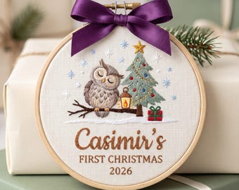 Personalized Baby’s First Christmas Hoop Ornament 2026, Personalized Owl Embroidered Keepsake with Name and Year, Cute Woodland Christmas