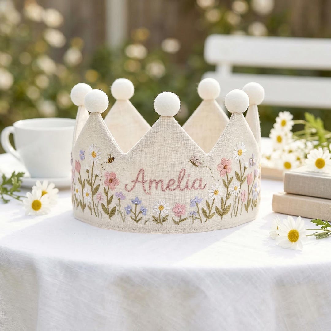 Personalized Wildflower Bee Linen Birthday Crown – Hand Embroidered ...