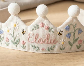 Personalized Wildflower Bee Linen Birthday Crown – Hand Embroidered Floral Name Keepsake
