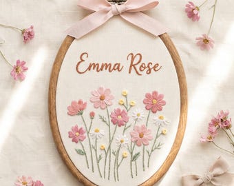 Personalized Embroidered Flower Name Sign, Baby Girl Cosmos Nursery Decor